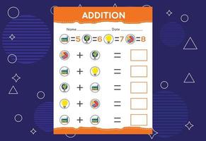 Addition with different elements for kids. An educational page for kids. Vector design