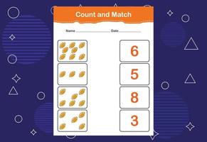 Count and Match worksheet for kids. Count and match with the correct number. Matching education game vector