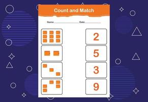 Count and Match worksheet for kids. Count and match with the correct number. Matching education game vector