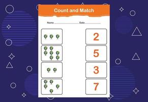 Count and Match worksheet for kids. Count and match with the correct number. Matching education game vector