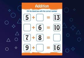 Basic math addition for kids. Fill the blank box with the correct number. Worksheet for kids vector
