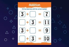 Adición matemática básica para niños. llene la casilla en blanco con el número correcto. hoja de trabajo para niños vector