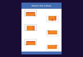 Matching game. Match halves of objects. Educational game for children, printable worksheet vector