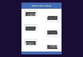 Matching game. Match halves of objects. Educational game for children, printable worksheet vector