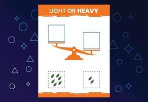 Light or heavy educational worksheet with scales. Heavier and lighter weight object learning vector