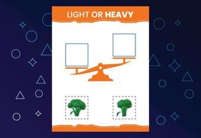 Light or heavy educational worksheet with scales. Heavier and lighter weight object learning vector