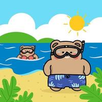 cartoon character bear swimming with rubber ring in the pool on summer season, flat illustration vector