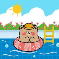 cartoon character bear swimming with rubber ring in the pool on summer season, flat illustration