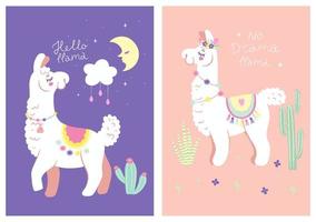 Set of postcards with cute llamas. Vector graphics.