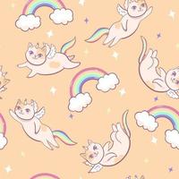 Seamless pattern of cats unicorns and rainbows. Vector graphics