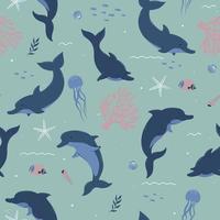 Seamless pattern with cute dolphins and marine life. Vector graphics.