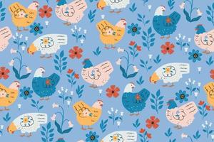 Seamless pattern with cute chickens and flowers. Vector graphics.