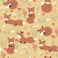 Seamless pattern with foxes and flowers. Vector graphics.