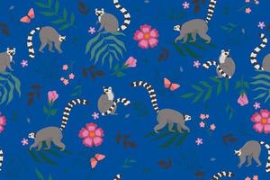 Seamless pattern with lemurs and flora elements. Vector graphics.