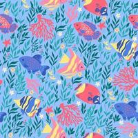 Seamless pattern with fish and sea plants. Vector graphics.