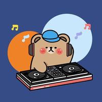 personaje de dibujos animados oso dj mezclando música, mezclador de música, ilustración plana vector