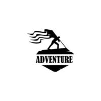 mochilero, excursionista, viajero o explorador de pie, sosteniendo la bandera. aventura y al aire libre. vector