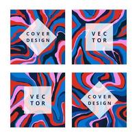 Fashion set of abstract square banner with striped texture. Modern design template with blue and red art background. Retro cover for branding design. Vector illustration