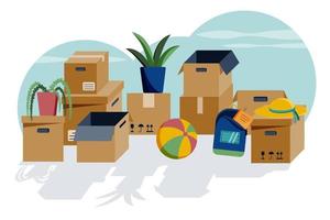 Moving out vector illustration. Cardboard boxes and stuff are standing on the ground. Sunny day.