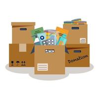 Donation boxes. Open cardboard box with food supplies, medicines, sanitizer, face masks. Humanitarian aid. Help for refugees. Charity. Vector illustration in flat cartoon style.