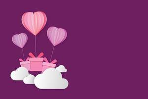 Heart balloons and gift boxes among clouds, purple valentines day background with copy space for design or add text, love banner. Paper cut style vector illustration