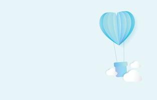 balloon Paper cut elements in shape of heart flying with clouds on blue and sweet background. Vector symbols of love for Happy Valentine's Day, birthday greeting card design.