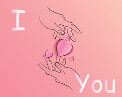 fondo de san valentín, contorno de mano y corte de papel en forma de corazón rosa, ilustración vectorial día de san valentín, día de la madre, concepto de amor y dar amor vector