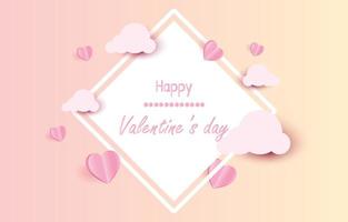 elementos de corte de papel en forma de corazón con marco cuadrado con un saludo de fondo rosa y dulce. símbolos vectoriales de amor por el feliz día de san valentín, diseño de tarjetas de felicitación. vector