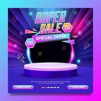 Super sale promo banner neon style template on abstract background vector