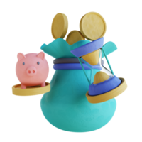 bolsa de monedas de ilustración 3d y reloj de arena png