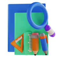 3D illustration book magnifying glass and pencil for education png