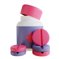 3D-Darstellung von Pillen und Medikamentenflaschen, die für medizinische Zwecke geeignet sind png