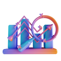 3D-Darstellung Buntes Datendiagramm mit steigendem und vergrößertem Glas png