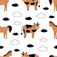 Seamless pattern with cute farm animals on a white background. Cow and horse. Flat vector illustration