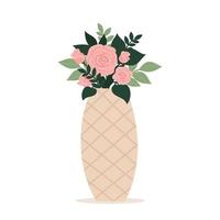 Beautiful stylish vase with a bouquet of flowers. Greeting card. Mothers day, international womens day, birthday. Spring flat vector illustration isolated on white background.