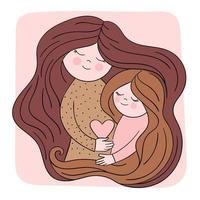 madre e hija en un abrazo. concepto para el día de la madre, familia, amor, tarjeta de felicitación. linda ilustración con personas