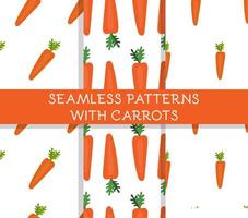 Set of seamless patterns with cute simple carrots on a white background. Vegetables, healthy food, diet, harvest. Flat vector illustration.