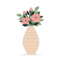 Beautiful stylish vase with a bouquet of flowers. Greeting card. Mothers day, international womens day, birthday. Spring flat vector illustration isolated on white background.