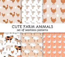 Set of Seamless patterns with cute farm animals and birds. Cow, sheep, horse, pig, goat, donkey, chicken. Wallpaper, packaging. Flat vector illustration.