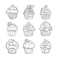 Black line set of nine cupcakes on white background. Hand drawn cartoon style. Doodle for coloring, decoration or any design. Vector illustration of kid art.