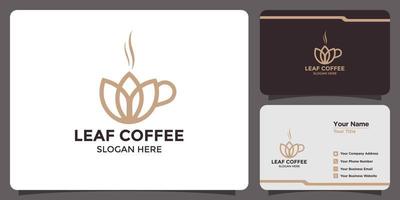 logotipo de diseño de hojas y café con tarjeta de visita vector