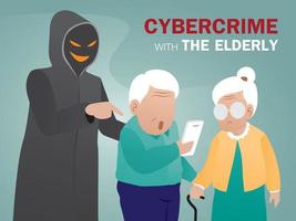 hacker está engañando a los ancianos para que hagan algo en su teléfono. vector de ilustración de ciberdelincuencia.