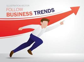 A man is running after an arrow that is soaring forward. Follow business trends illustration vector. vector