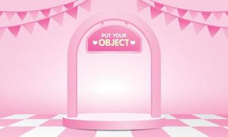 Empty circle product podium with arch and cute signage 3d illustration vector on pink checkered pattern floor and pastel pink backdrop for putting your object.