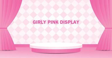 Double circle steps podium for putting your object on pink floor and checkered pattern wall with pink curtain 3d illustration vector