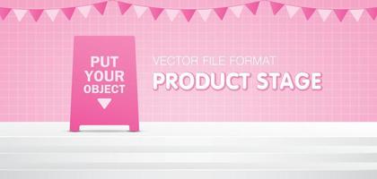 Pink sign board on white steps and pink grid pattern wall with triangle rail flag 3d illustration vector background floor putting your object