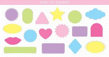 cute paper cut elements vector set in sweet pastel color theme on white grid background for creating scrapbook collage art or diary