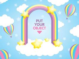 kawaii pastel rainbow arch on white fluffy cloud and blue sky with cute stars and air balloon element illustration vector