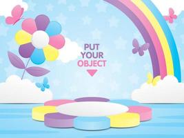 cute flower shape display step 3d illustration vector with kawaii colorful flower and rainbow on cloudy blue sky