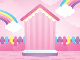 linda pantalla de fondo con forma de casa kawaii con valla colorida y elemento de nube de arco iris dulce escena de vector de ilustración 3d para poner su objeto